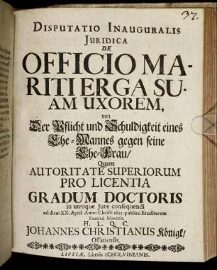 Disputatio Inauguralis Iuridica De Officio Mariti Erga Suam Uxorem