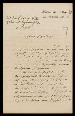 59: Brief von Friedrich Ritgen an Gottlieb Planck, Berlin, 1.3.1897