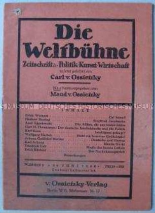 Zweite Nachkriegsausgabe der Halbmonatsschrift für Politik, Kunst, Wirtschaft "Die Weltbühne"