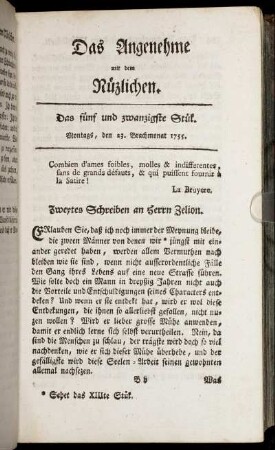 Das fünf und zwanzigste Stück. Montags, den 23. Brachmonat, 1755.