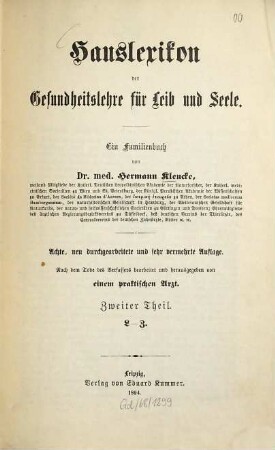 Hauslexikon der Gesundheitslehre für Leib und Seele : ein Familienbuch, 2. L - Z