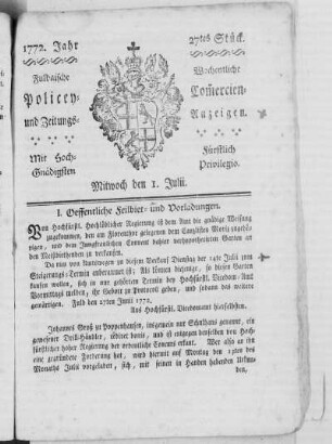 27tes Stück, Ausgabe vom 1. Julii 1772