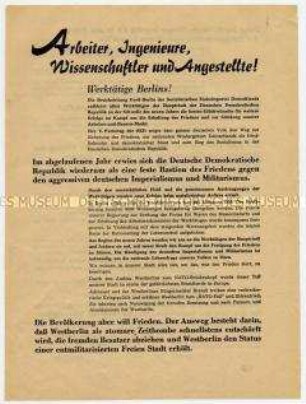 Aufruf der SED an Berliner Werktätige, für entmilitarisierte Stadt Westberlin und Erfüllung des Volkswirtschaftsplans
