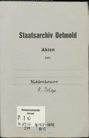 Belegakten zum Heiratsregister der evangelischen Gemeinde Hiddenhausen, Kreis Herford (1808-1810, 1812 )