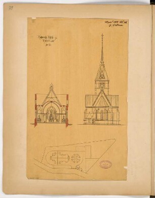 Katholische Kirche St. Sturmius, Rinteln Monatskonkurrenz April 1882: Lageplan, Aufriss Choransicht, Querschnitt Richtung Altar