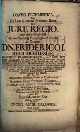 Oratio eucharistica ... de iure regio, cuius mentio I Sam. VIII.