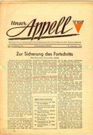 Halbmonatszeitung der VVN "Unser Appell" u.a. zur Frage der Wiedergutmachung