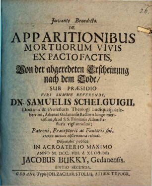 De apparitionibus mortuorum vivis ex pacto factis, von der abgeredeten Erscheinung nach dem Tode
