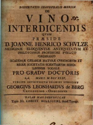 Dissertatio inauguralis medica de vino interdicendis