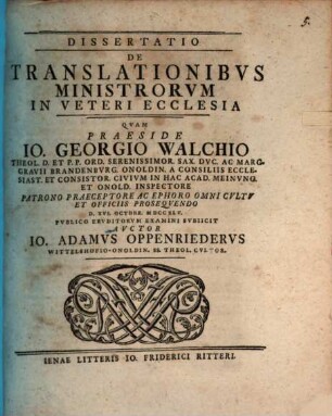 Dissertatio De Translationibvs Ministrorvm In Veteri Ecclesia