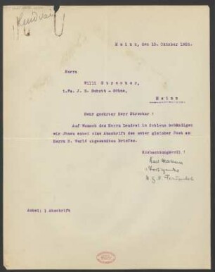 Brief an Willy Strecker und B. Schott's Söhne : 13.10.1926