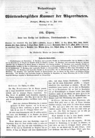 184. Sitzung, Stuttgart, 31.7.1865