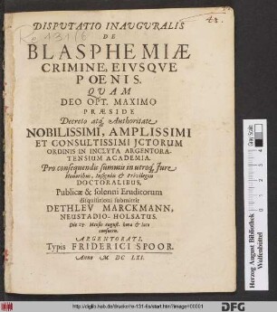 Disputatio Inauguralis De Blasphemiae Crimine, Eiusque Poenis
