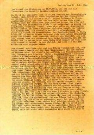 Maschinenschriftlicher Bericht (Durchschlag) von Major Remer zu den Ereignissen am 20. Juli 1944