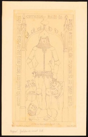 Grabstein des Conrad Kolb in der Karmeliter-Kirche, Boppard: Aufriss des Rittergrabmals mit Relieffigur, lateinischer Inschrift und Wappen