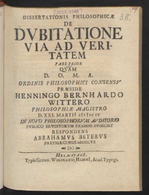Dissertationis Philosophicæ De Dubitatione Via Ad Veritatem : Pars Prior