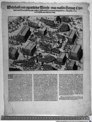 Wahrhafft und eigentlicher Bericht was massen Hertzog Christian von Braunschweig ins gemein Halberstätter genannt Armada den 6. Augusti 1623. im Stifft Münster auffs haupt erlegt