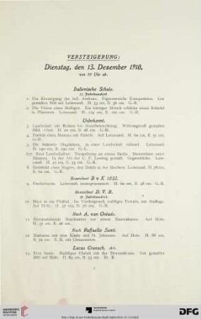 Versteigerung: Dienstag, den 13. Dezember 1910, von 10 Uhr ab (Nr. 1-214)