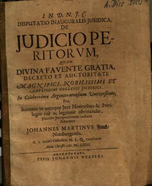 Dissertatio inauguralis iuridica de iudicio peritorum