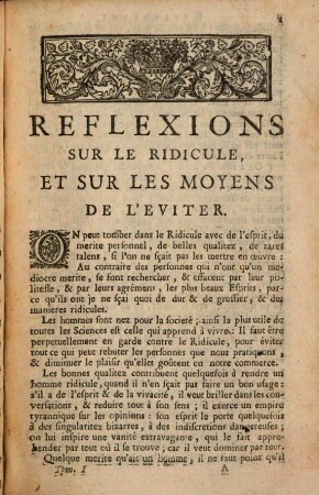 Reflexions sur le ridicule et sur les moyens de l'eviter : ou sont représentez les differens caracteres & les moeurs des personnes de ce siècle