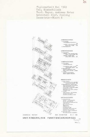 Universitätsklinik Wilhelmsaue, Berlin-Wilmersdorf (Diplomarbeit bei Peter Poelzig): Isometrie, Funktionsgrundrisse 1:500