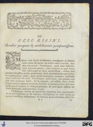 De Oleo Ricini, Remedio purgante et anthelmintico praestantissimo.