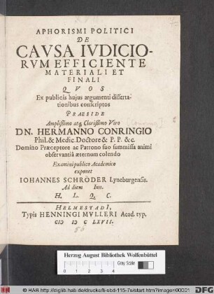 Aphorismi Politici De Causa Iudiciorum Efficiente Materiali Et Finali