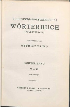 Fünfter Band: T bis Z. Nachträge