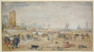 Winterlandschaft mit vielen Figuren und Schlitten, vorn liegt ein totes Pferd, von Raben gefressen