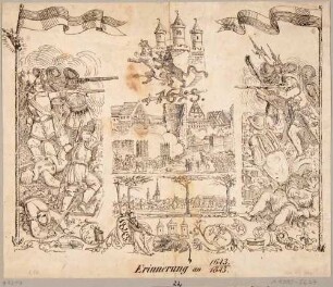 Erinnerungsblatt an die Belagerung der Schweden und deren Niederlage vor 200 Jahre während des 30-jährigen Krieges im Jahre 1643, mit Darstellungen von Kriegsszenen und Stadtansicht