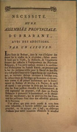 Nécessité D'Une Assemblée Provinciale Du Brabant Avec Des Additions Importantes