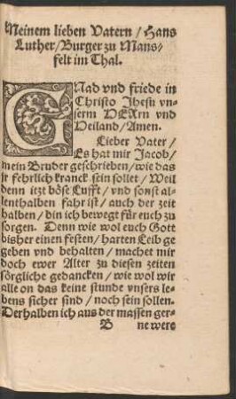 Meinem lieben Vatern/ Hans Luther/ Burger zu Mansfelt im Thal.