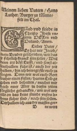 Meinem lieben Vatern/ Hans Luther/ Burger zu Mansfelt im Thal.