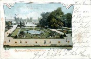 Leipziger Palmengarten : Eingang v. d. Frankfurter Strasse u. Teppichbeet [Officielle Postkarte Leipziger Palmengarten]