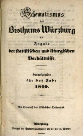 Schematismus der Diözese Würzburg. 1840