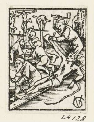 Christus wird ans Kreuz genagelt, Blatt 16 aus: "Daniel Agricola, Passio domini nostri Jesu Christi", Basel 1514/1515