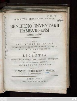 Dissertatio Inavguralis Ivridica De Beneficio Inventarii Hamburgensi Hodierno