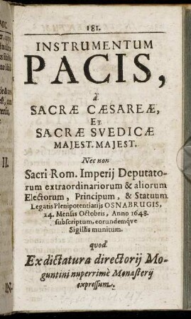 Instrumentum Pacis, à Sacrae Caesareae, Et Sacrae Suedicae Maiest. Maiest