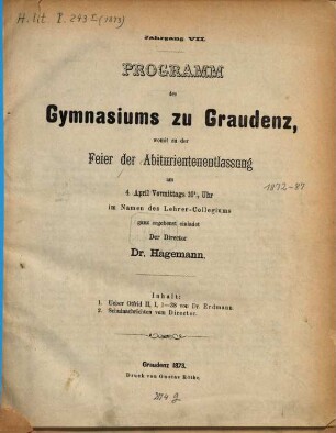 Programm des Königlichen Gymnasiums zu Graudenz : für das Schuljahr von Ostern ... bis Ostern, 1872/73 (1873) = 7