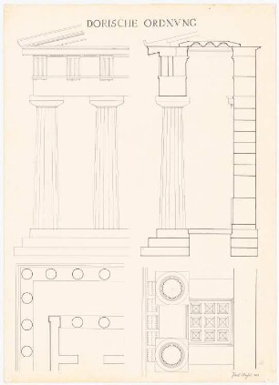 Säule dorischer Ordnung: Inhalt wie Inv.Nr. 42417: Aufriss zweier Säulen dorischer Ordnung mit Kapitell, Architrav, Triglyphe etc., (Kassetten-)Deckenuntersicht, Grundrisse, Schnitt