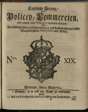 Nro. XIX, Montags, den 10. May 1734