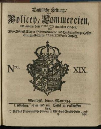 Nro. XIX, Montags, den 10. May 1734
