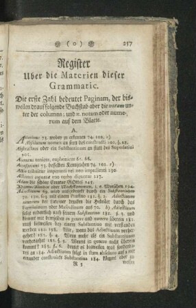 Register über die Materien dieser Grammatic.