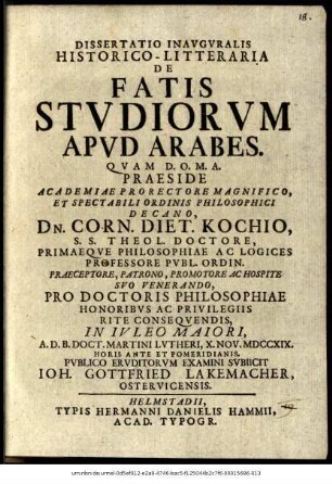 Dissertatio Inavgvralis Historico-Litteraria De Fatis Stvdiorvm Apvd Arabes