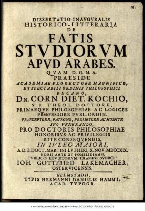 Dissertatio Inavgvralis Historico-Litteraria De Fatis Stvdiorvm Apvd Arabes