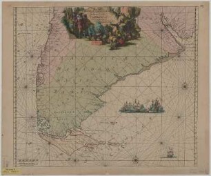 Karte von Patagonien und Feuerland, ca. 1:7 400 000, Kupferstich, 1715 : Tractus Australior Americae Meridionalis : a Rio de laPlata per Fretum Magellanicum ad Toraltum = Nieuwe Perfecte Pascaert van 't Suyderlyckste deel van Suyt America. - [Ca. 1:7 400 000]. - [Amsterdam] , [1715]. - 1 Kt. : kolor. Kupferst. ; 54 x 49 cm