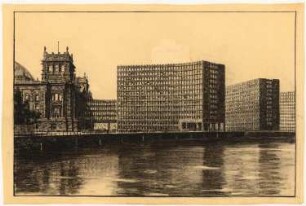 Erweiterung des Reichstags und Neugestaltung des Platzes der Republik, Berlin-Tiergarten Bibliothek: Perspektivische Ansicht Bibliotheksneubau und Ministerien von nördl. Spreeufer