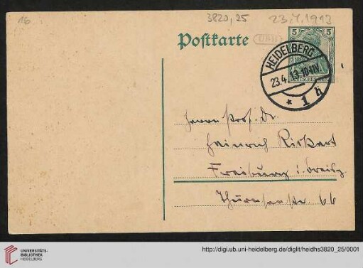 Heid. Hs. 3820,25: Karte von Emil Lask an Heinrich Rickert