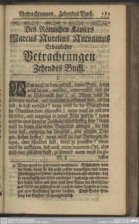 Des Römischen Käysers Marcus Aurelius Antonius Erbaulicher Betrachtungen. Zehendes Buch