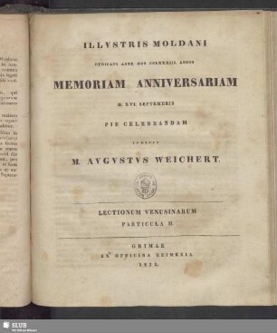 1833: Illustris Moldani dedicati ante hos ... annos memoriam anniversariam ... pie celebrandam ... indicit